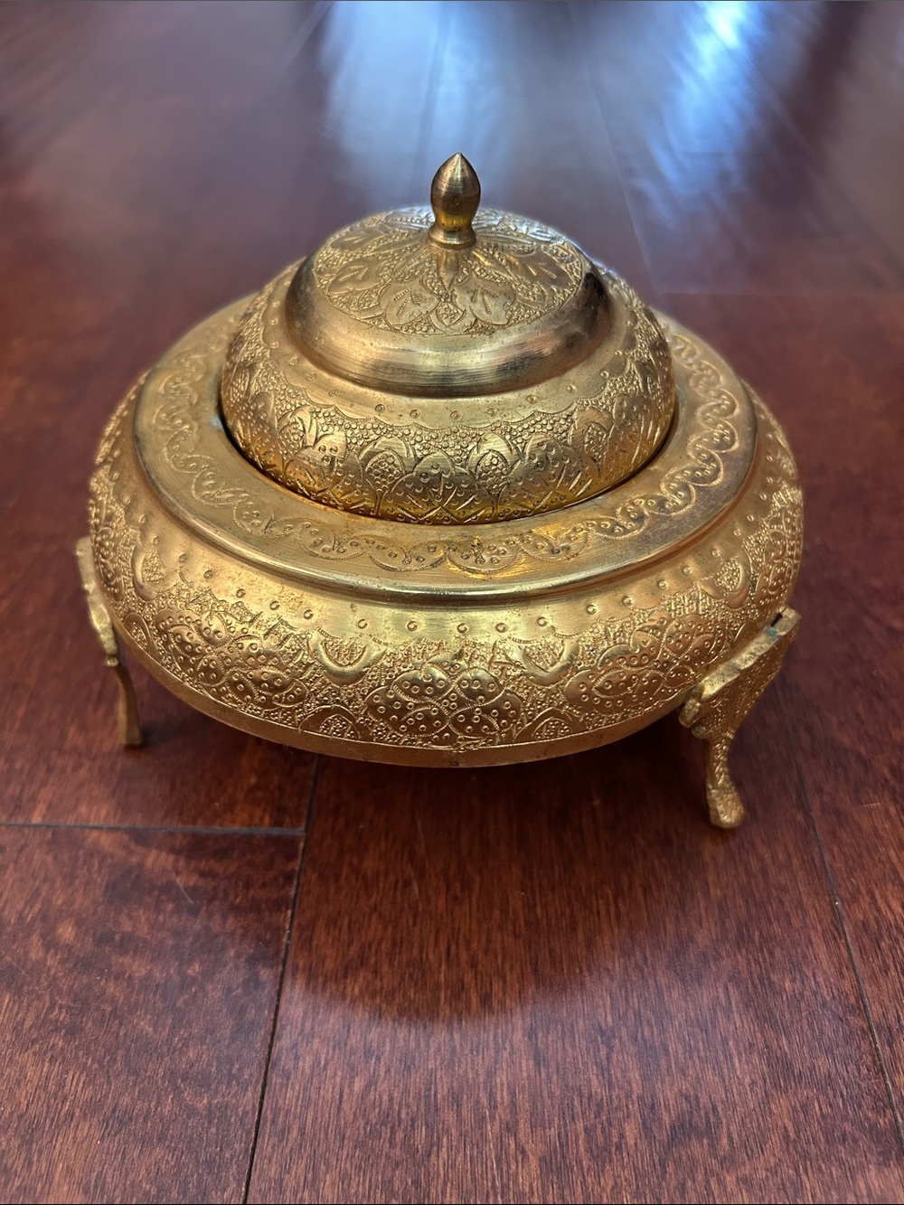 Vintage Persian Decorative Embossed Gold-Tone Covered Caviar Serving Dish